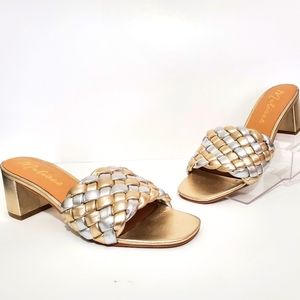 Matisse GiGi leather two-tone Silver/Gold block heel slide sandals. Size 8. VGUC